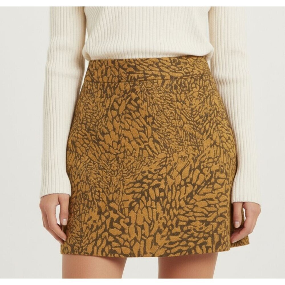LOFT Mini Skirt Brown Mustard Yellow Abstract Safari Animal Print Lined Sz 0